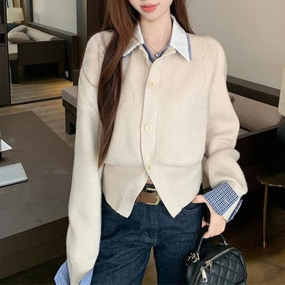 Collared Plaid Panel Button-Up Cardigan Mock Two-Piece