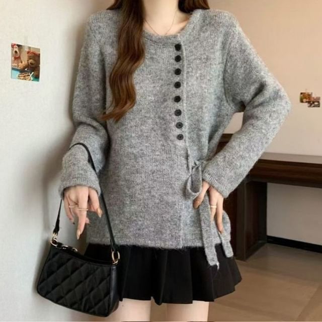 Crew Neck Tie Waist Button-Up Cardigan