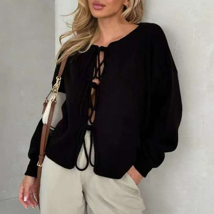 Crew Neck Tie Front Cardigan