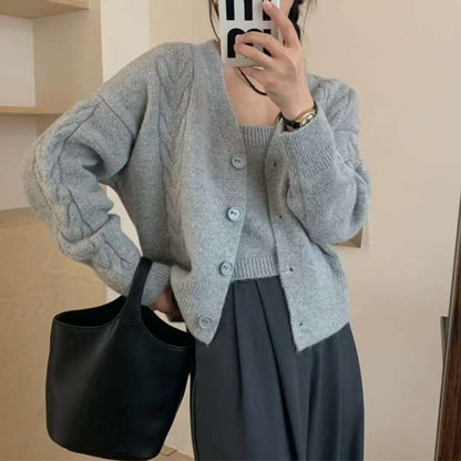 Knit Crop Cami Top and V-Neck Button-Up Cable Knit Cardigan Set