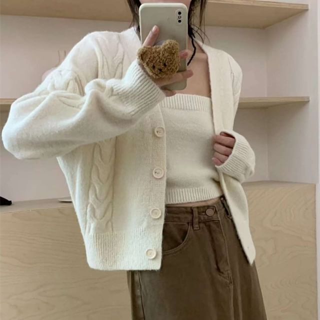 Knit Crop Cami Top and V-Neck Button-Up Cable Knit Cardigan Set