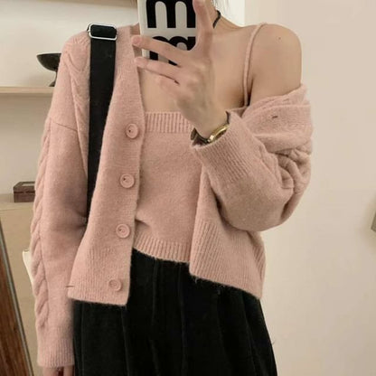 Knit Crop Cami Top and V-Neck Button-Up Cable Knit Cardigan Set