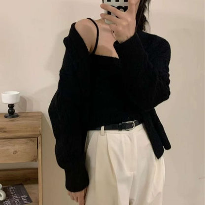 Knit Crop Cami Top and V-Neck Button-Up Cable Knit Cardigan Set