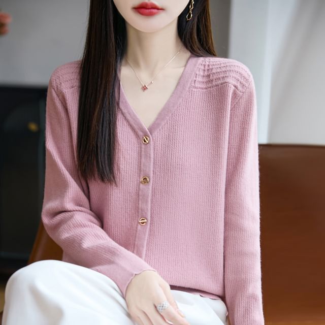 V-Neck Solid Ribbed Button-Up Cardigan
