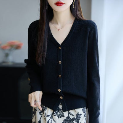 V-Neck Solid Ribbed Button-Up Cardigan