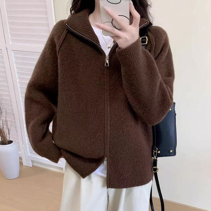 Stand Collar Raglan Zip Cardigan