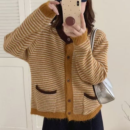 Round Neck Striped Contrast Trim Cardigan