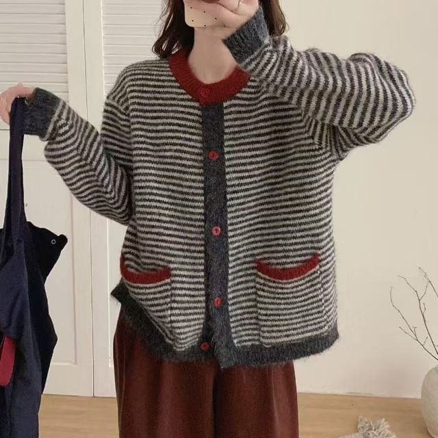 Round Neck Striped Contrast Trim Cardigan