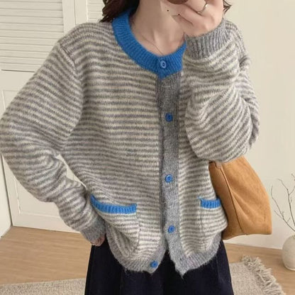 Round Neck Striped Contrast Trim Cardigan