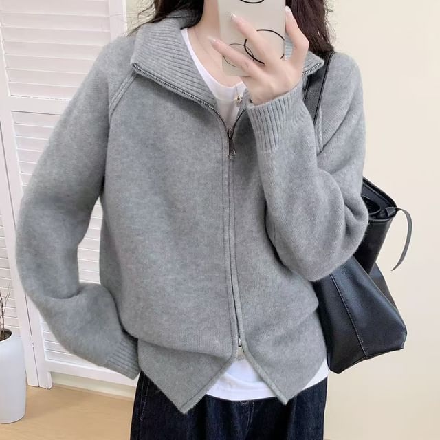 Stand Collar Raglan Zip Cardigan