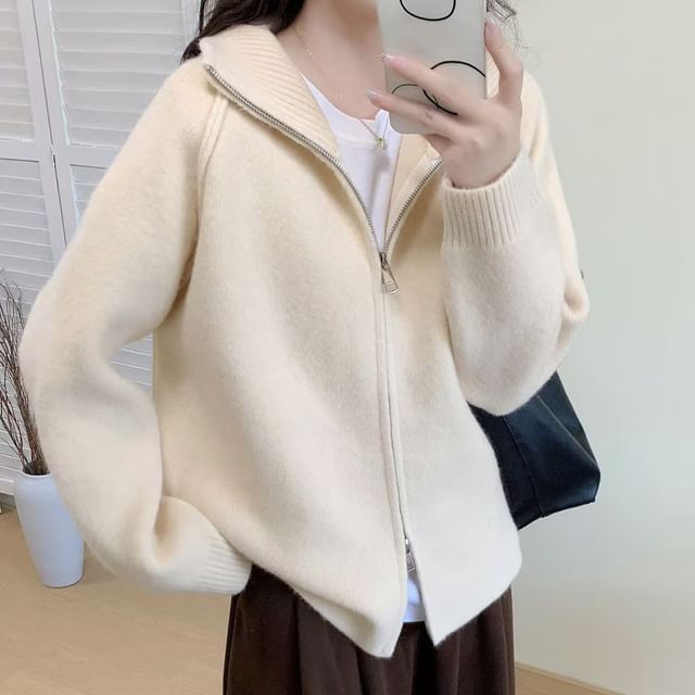 Stand Collar Raglan Zip Cardigan
