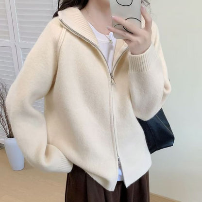 Stand Collar Raglan Zip Cardigan