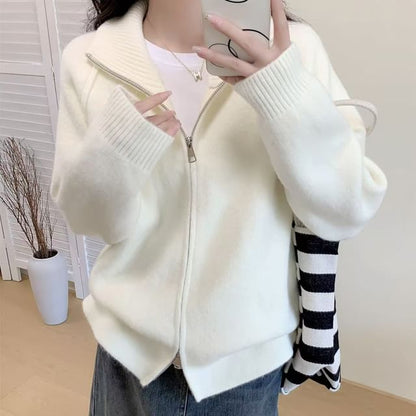 Stand Collar Raglan Zip Cardigan