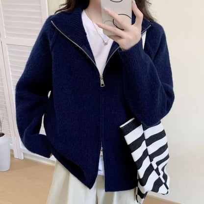 Stand Collar Raglan Zip Cardigan
