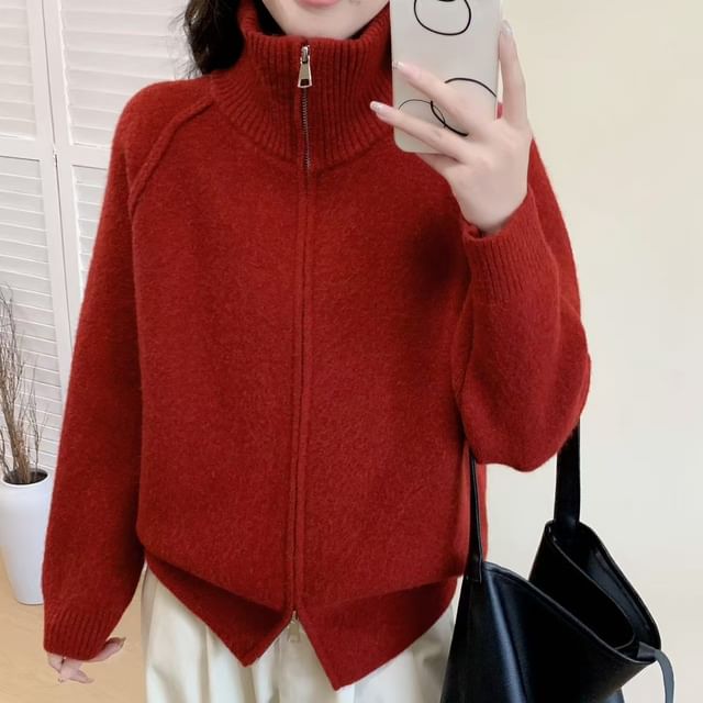 Stand Collar Raglan Zip Cardigan