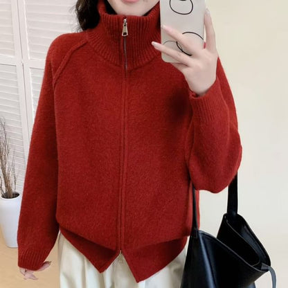 Stand Collar Raglan Zip Cardigan