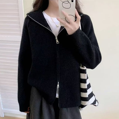 Stand Collar Raglan Zip Cardigan