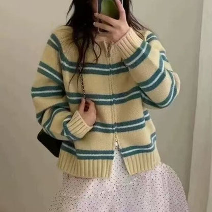 Round Neck Striped Zip Cardigan
