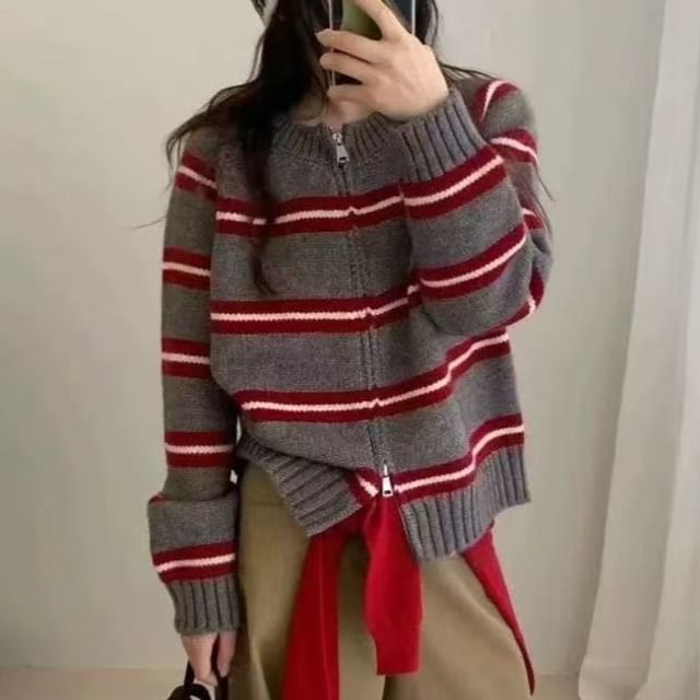 Round Neck Striped Zip Cardigan