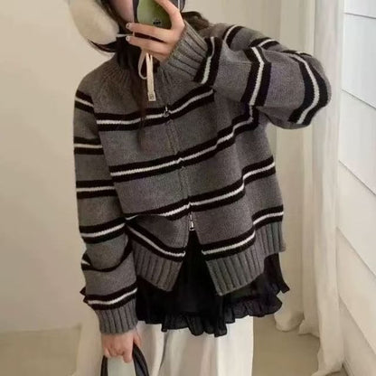 Round Neck Striped Zip Cardigan