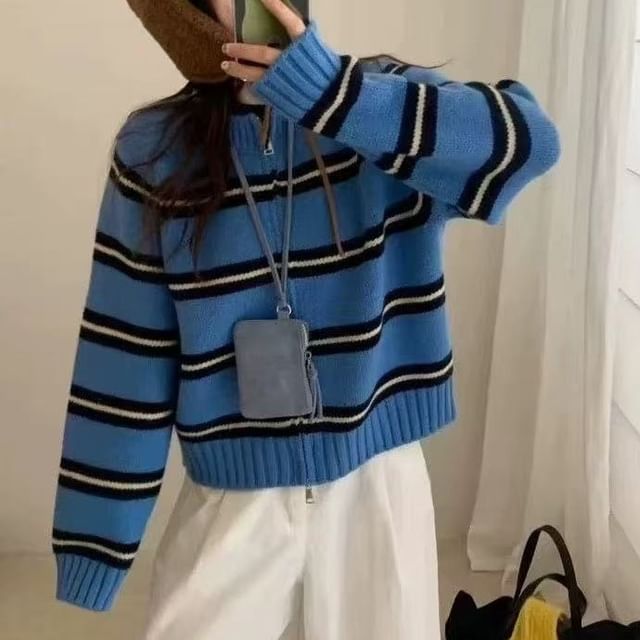 Round Neck Striped Zip Cardigan