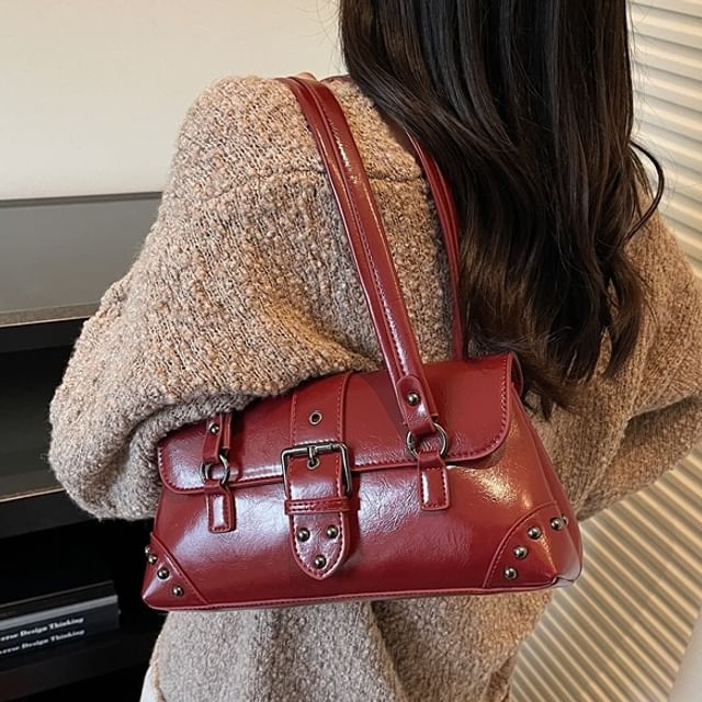Studded Buckled Faux Leather Shoulder Bag