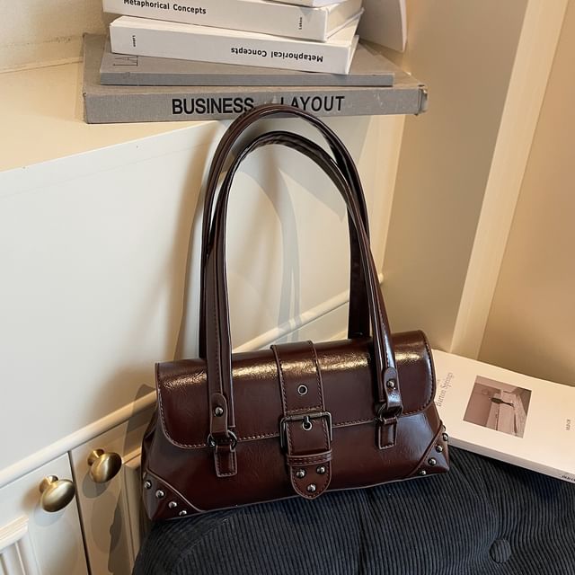 Studded Buckled Faux Leather Shoulder Bag