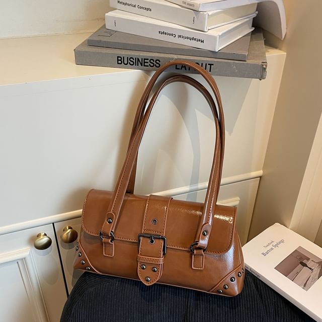 Studded Buckled Faux Leather Shoulder Bag