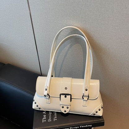Studded Buckled Faux Leather Shoulder Bag