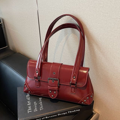 Studded Buckled Faux Leather Shoulder Bag