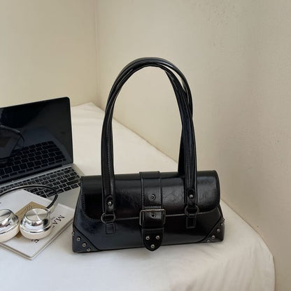 Studded Buckled Faux Leather Shoulder Bag