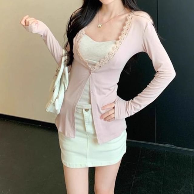 Lace Trim Cardigan and Slim Fit Cami Top