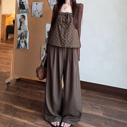 Dotted Bow Flowy Tube Top / Plain Cardigan / High Rise Wide Leg Pants