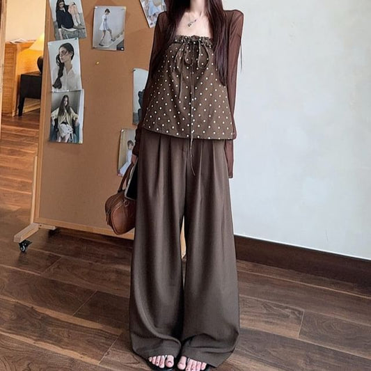 Dotted Bow Flowy Tube Top / Plain Cardigan / High Rise Wide Leg Pants