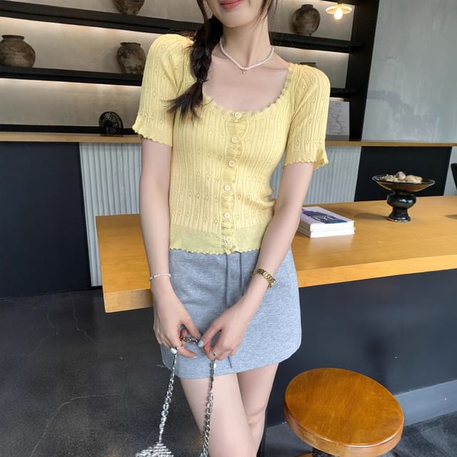 Scoop Neck Short Sleeve Pointelle Knit Cardigan