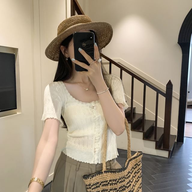 Scoop Neck Short Sleeve Pointelle Knit Cardigan