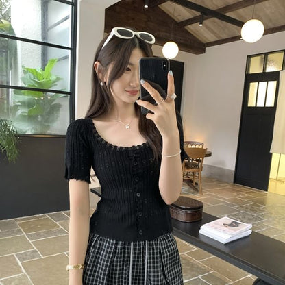 Scoop Neck Short Sleeve Pointelle Knit Cardigan