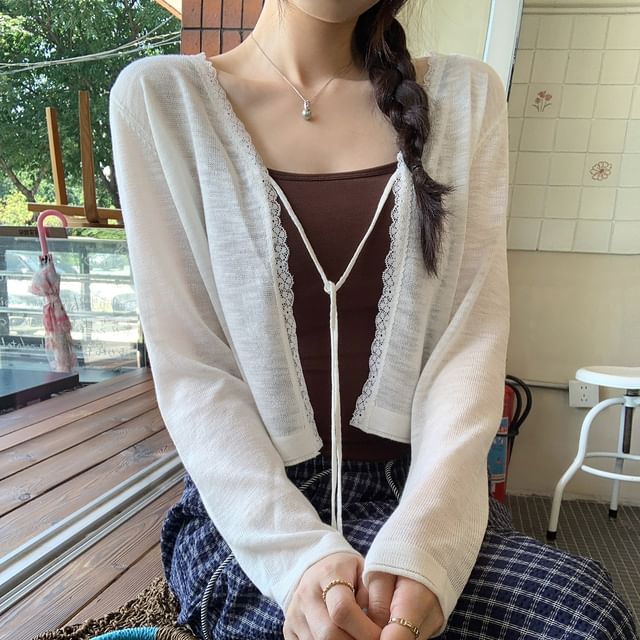 Tie-Front Lace Trim Cardigan