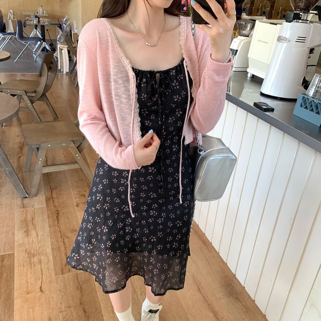 Tie-Front Lace Trim Cardigan