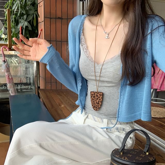 Tie-Front Lace Trim Cardigan