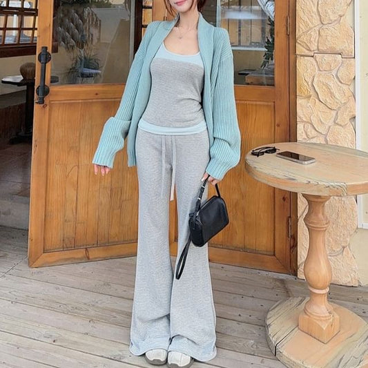 Ribbed Open Front Cardigan with Two-Tone Camisole and Drawstring Flared Pants