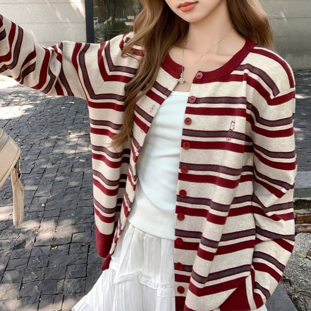 Striped Round Neck Cardigan