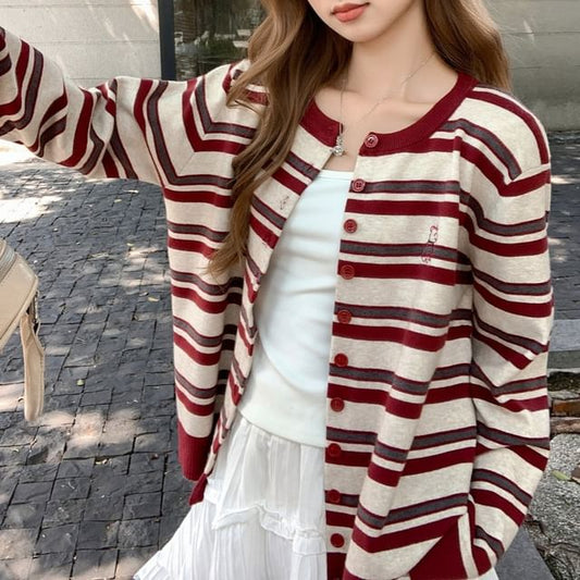 Striped Round Neck Cardigan