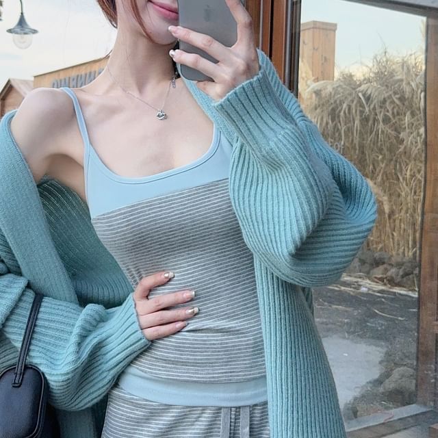 Ribbed Open Front Cardigan with Two-Tone Camisole and Drawstring Flared Pants