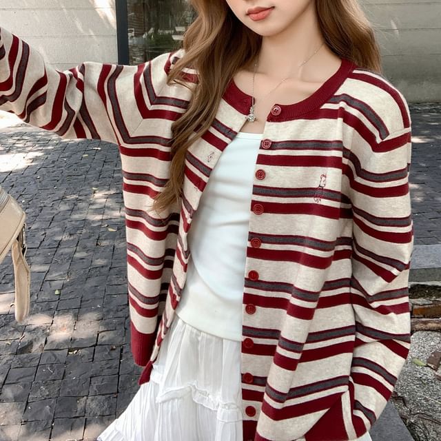 Striped Round Neck Cardigan