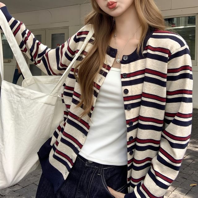 Striped Round Neck Cardigan