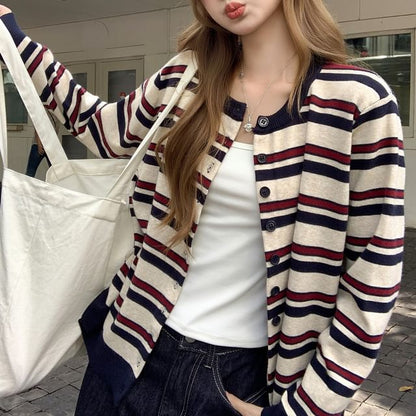 Striped Round Neck Cardigan
