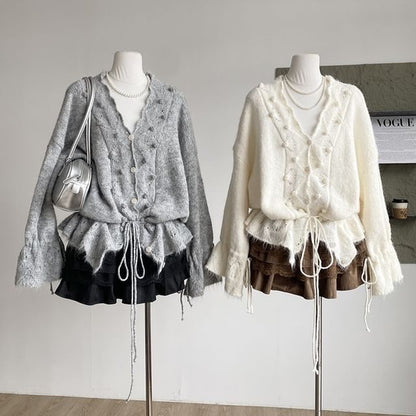 V-Neck Solid Pom Pom Drawstring Cardigan
