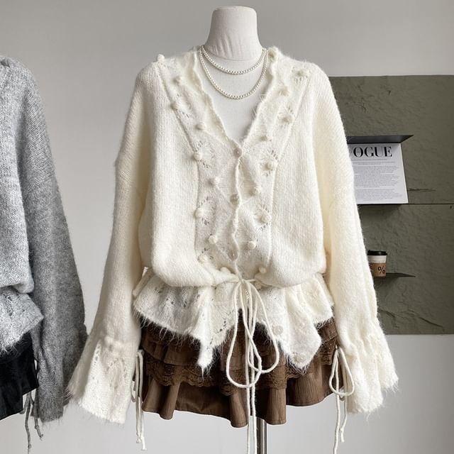 V-Neck Solid Pom Pom Drawstring Cardigan