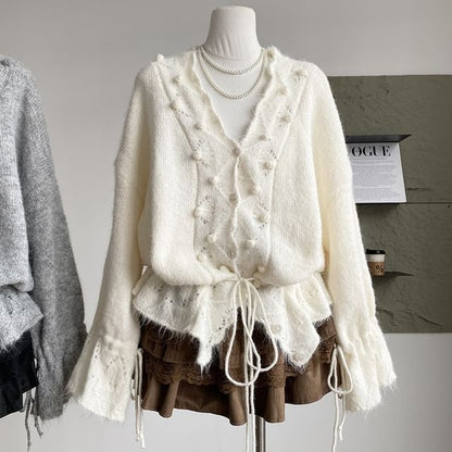 V-Neck Solid Pom Pom Drawstring Cardigan